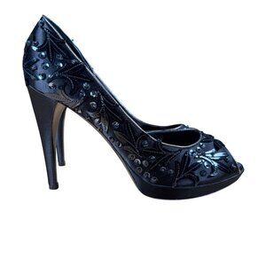 Louis Vuitton Black Satin Sequin D'orsay Peep Toe Pumps Heels Size 39